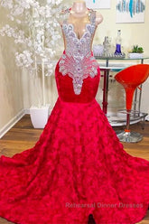Mermaid Jewel Lace Sequined Applique Sleeveless Floor-length Semi Formal Prom Dresses
